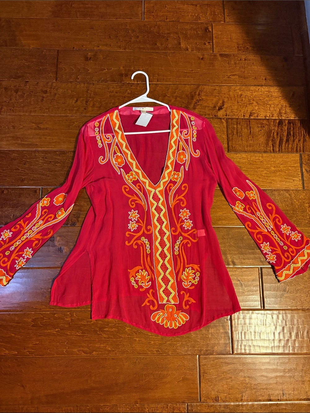 Boston Proper Red V-Neck Embroidered Tunic with Orange and Yellow Accents